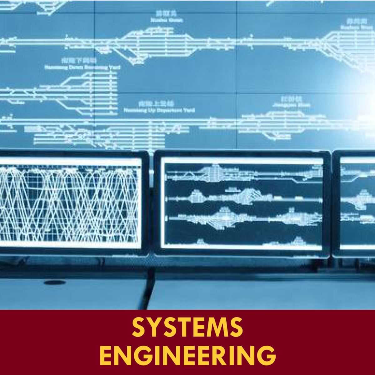 A digital technical control room display with multiple monitors showing intricate, glowing blue schematics and network diagrams under a large title banner that reads "SYSTEMS ENGINEERING" in bold yellow text on a dark red background.