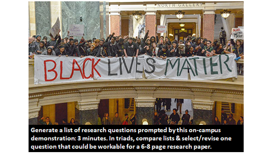 Black Lives Matter on campus demonstration with writing prompt
