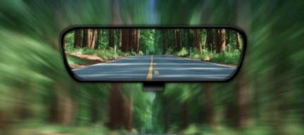 View of road and trees in rearview mirror view