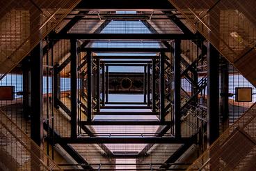 steel frame structure from bottom up through middle to top view